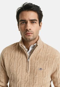 Beige Strickpullover mit Viertelreißverschluss, ausgestattet mit einem gerippten Kragen und einem dezenten gestickten Logo auf der Brust. Weicher Textur.