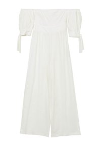 Weißer schulterfreier Jumpsuit mit Puffärmeln, weitem Bein und Bindebändern an den Ärmeln. Hergestellt aus leichtem Stoff mit glatter Textur.