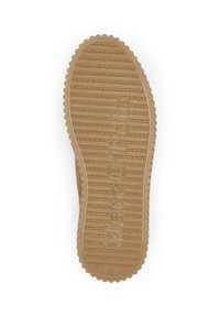 Bruine rubberen schoenenzool met een gestructureerd, geribbeld patroon en "Marc O'Polo" in het midden geperst. Een gegolfde rand omlijst de basis.