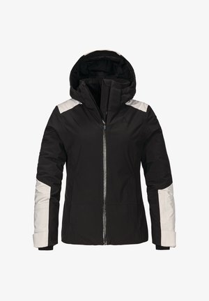 Schwarze Jacke mit abnehmbarer Kapuze, weißen Akzenten an den Schultern und Ärmeln, vorderem Reißverschluss und glatter Textur. Für den Einsatz im Freien konzipiert.