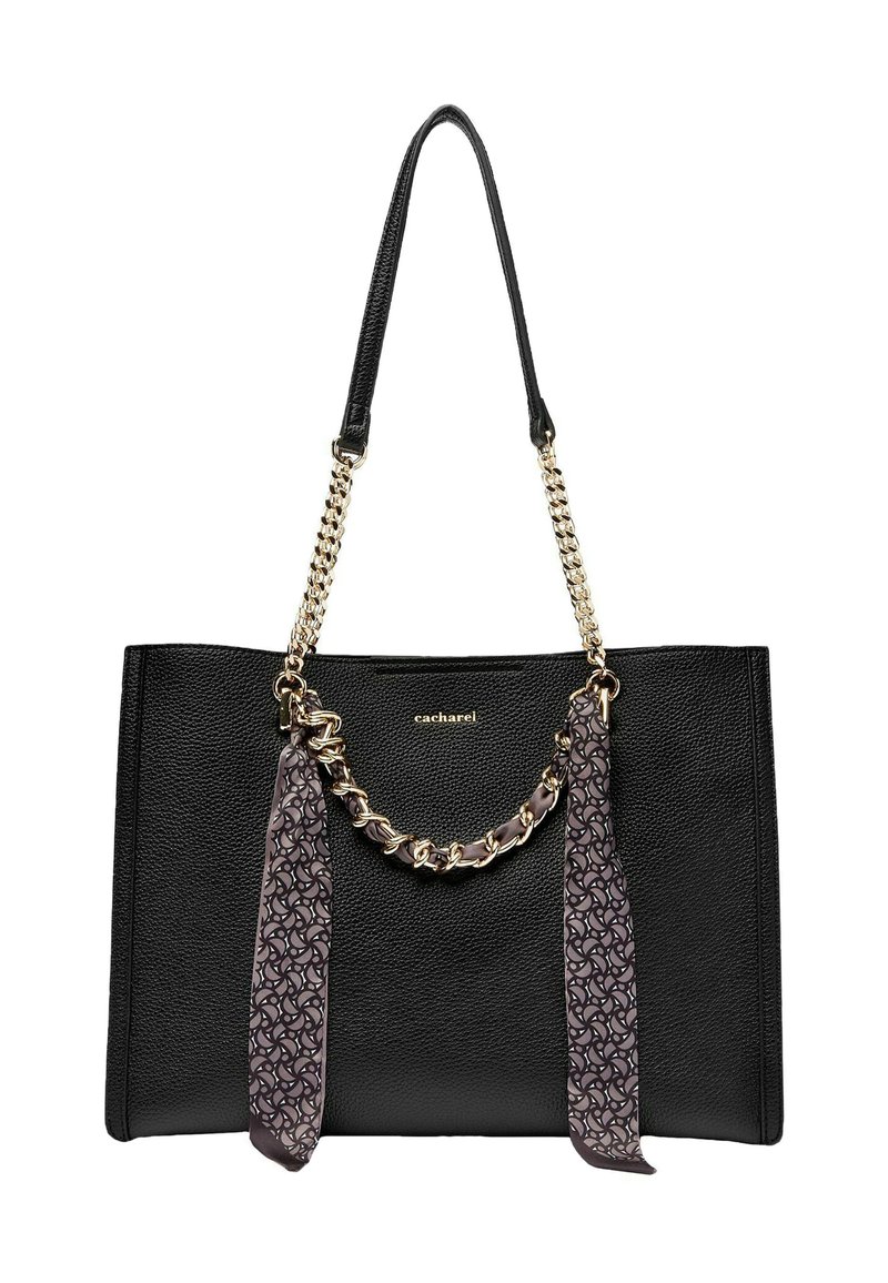 Čierna kožená kabelka typu tote s reťazovým držadlom, ozdobným zlatým reťazcom a dvoma vzorovanými textilnými strapcami. Na prednej strane je vyrazené logo.