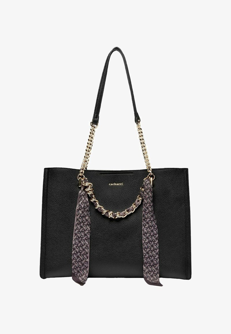 Borsa tote in pelle nera con manico a catena, catena decorativa dorata e due nappine in tessuto fantasia. Logo impresso sulla parte anteriore.
