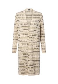 Langer beiger Cardigan mit offener Front, der grüne und braune horizontale wellenförmige Streifen und ein zartes Strickmuster aufweist, mit langen Ärmeln.