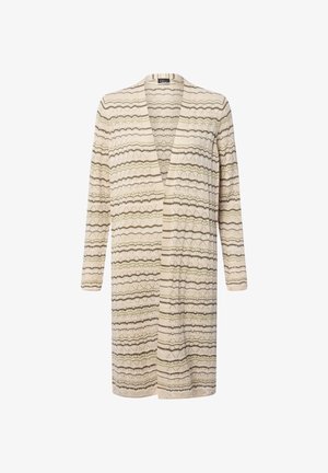 Langer beiger Cardigan mit offener Front, der grüne und braune horizontale wellenförmige Streifen und ein zartes Strickmuster aufweist, mit langen Ärmeln.