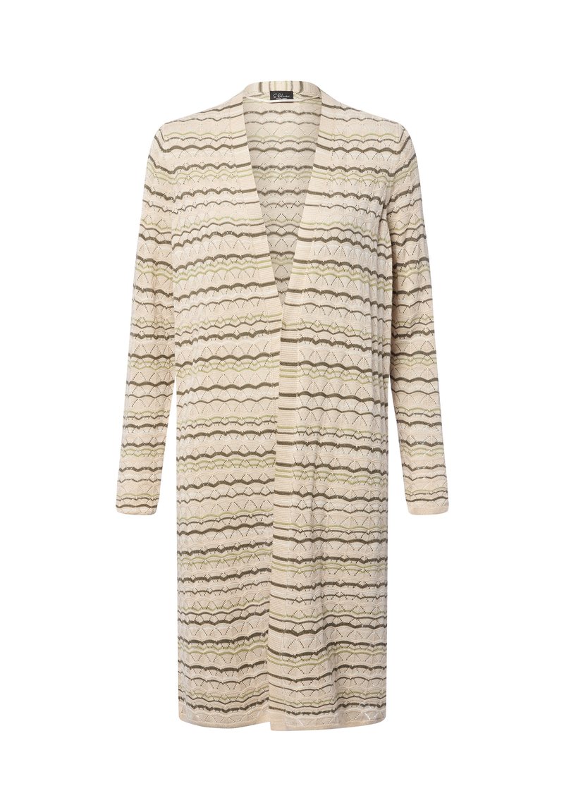 Langer beiger Cardigan mit offener Front, der grüne und braune horizontale wellenförmige Streifen und ein zartes Strickmuster aufweist, mit langen Ärmeln.