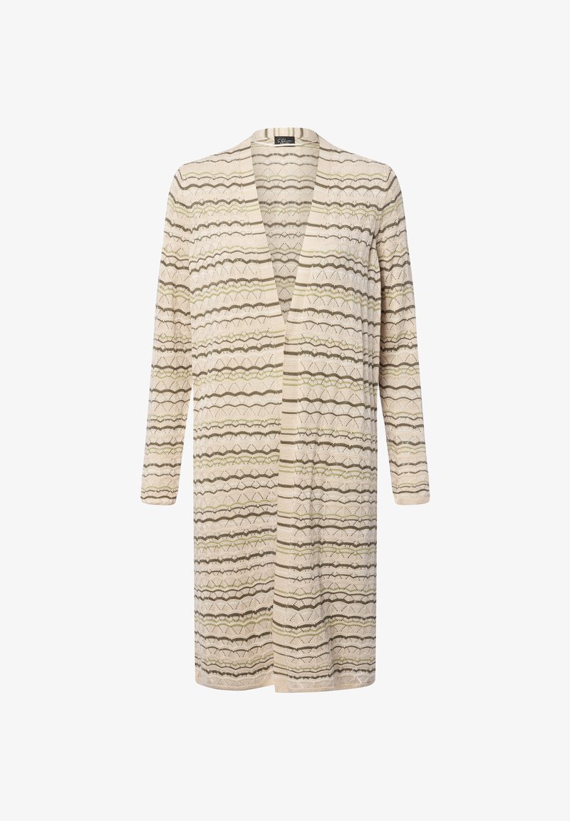 Lang open voorkant beige cardigan met groene en bruine horizontale golvende strepen en een delicate breipatronen, met lange mouwen.