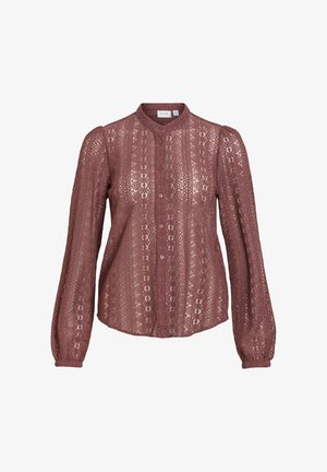 Langermet bluse i mauve blonder med blomsterpattern, knappelukking foran, høy krage og lett puffede skuldre.
