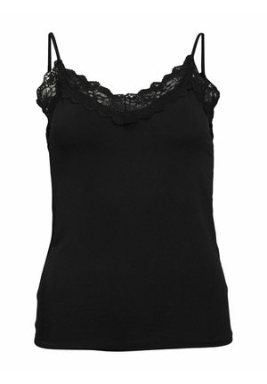Camisola nera realizzata in morbido tessuto, con un ampio bordino in pizzo lungo il collo e sottili spalline regolabili. Design slim e aderente.