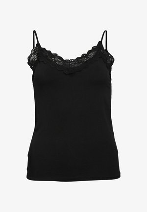 Musta toppi pehmeästä kankaasta, jossa on leveä pitsireunus pääntien ympärillä ja ohuet säädettävät olkaimet. Slim fit -muotoilu.