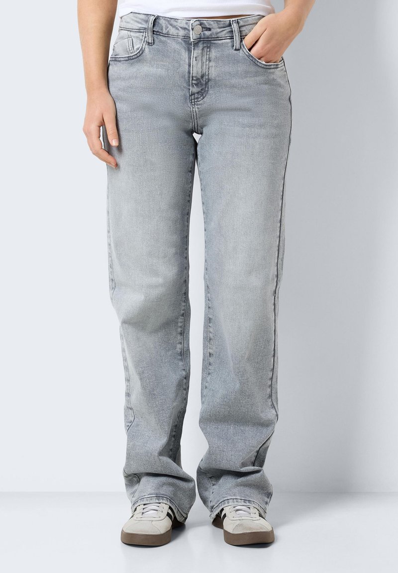 Light gray denim jeans with a straight-leg cut, five-pocket design, and subtle fading. The waistband features a metal button closure.