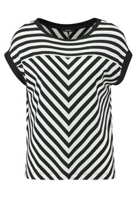 Černobílý pruhovaný top s krátkým rukávem, který má diagonální chevron vzor a kulatý výstřih. Materiál je lehký a hladký.