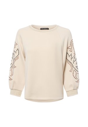 Cream long-sleeve sweatshirt with metallic-studded floral patterns on sleeves and glittery trim on collar and cuffs.