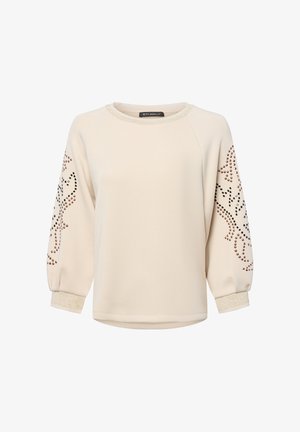 Cremfarbener Sweatshirt mit langen Ärmeln, verziert mit metallisierten, gepunkteten Blumenmustern an den Ärmeln und glitzerndem Besatz am Kragen und den Bündchen.