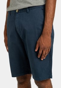 Shorts en coton bleu marine avec une texture lisse, fermeture à bouton et passants de ceinture. Poches latérales et coupe droite.