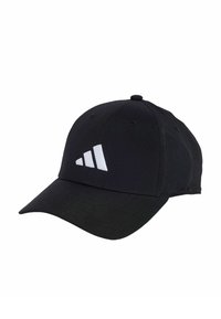 Black cap with a curved brim, made from fabric. Features a white three-stripe logo on the front. Six-panel design with ventilation holes.