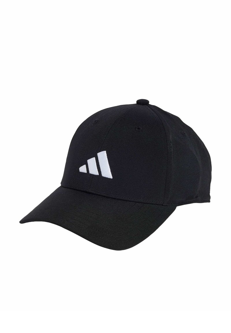 Black cap with a curved brim, made from fabric. Features a white three-stripe logo on the front. Six-panel design with ventilation holes.