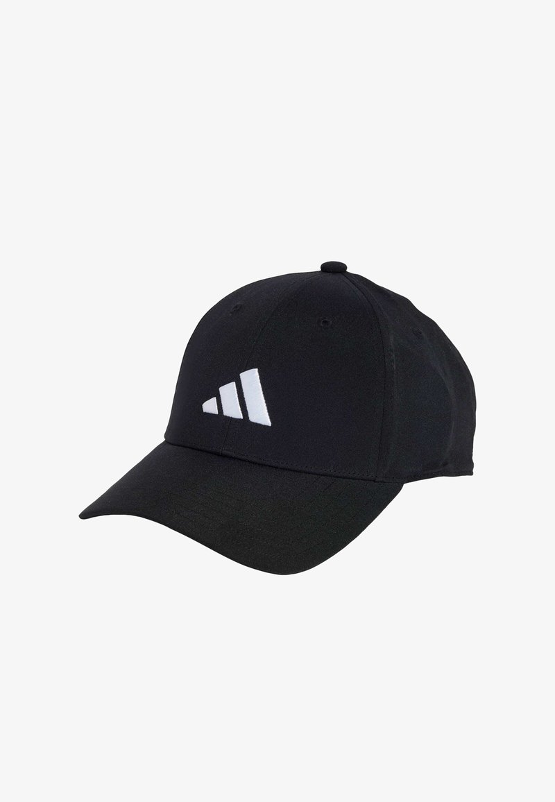 Black cap with a curved brim, made from fabric. Features a white three-stripe logo on the front. Six-panel design with ventilation holes.