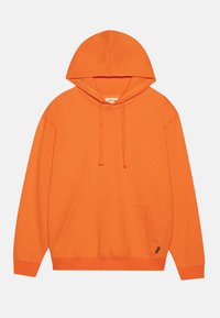 Felpa arancione realizzata in morbido tessuto, con tasca frontale, cappuccio con cordino e polsini a costine, presente un piccolo logo sul bordo.