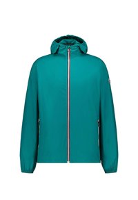 Turquoise lichtgewicht jas met capuchon, voorrits met rode accenten, elastische manchetten en zijzakken. Gladde stoftextuur.