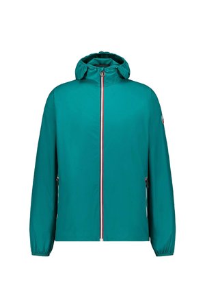 Turquoise lichtgewicht jas met capuchon, voorrits met rode accenten, elastische manchetten en zijzakken. Gladde stoftextuur.