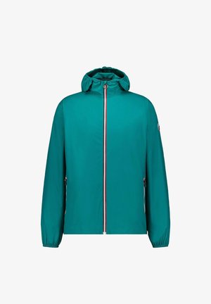 Turquoise lichtgewicht jas met capuchon, voorrits met rode accenten, elastische manchetten en zijzakken. Gladde stoftextuur.