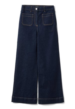 Wide-leg dark blue denim pants with front patch pockets, a front button closure, belt loops, and contrast stitching.