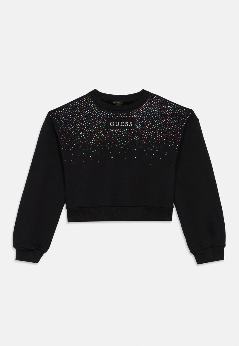 Felpa nera corta con maniche lunghe, strass multicolori sulla parte superiore davanti e patch del logo "GUESS" al centro del petto.