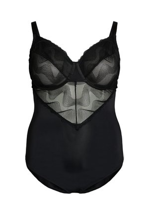 Black one-piece bodysuit with underwire cups and sheer patterned mesh panels on bust and midsection, featuring adjustable shoulder straps.