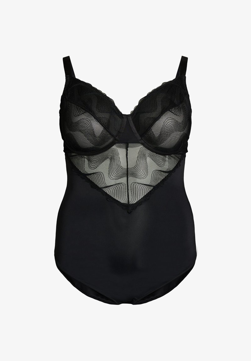 Body nero intero con coppe con ferretto e pannelli in rete trasparente a motivo su décolleté e vita, con spalline regolabili.