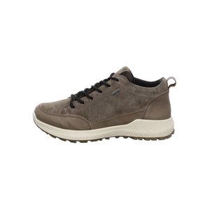 Brown suede and leather low-top sneaker with black laces, white sole, and pull tab at heel, shown in side profile.