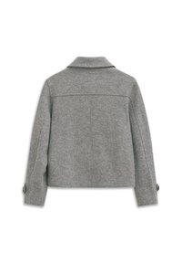 Grau Wolljacke mit Kragen, geradem Schnitt und geknöpften Manschetten. Mit klaren Linien und einer soliden Textur. Rückansicht dargestellt.