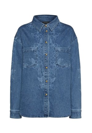 Blue denim button-up shirt with floral embroidery, two chest pockets, long sleeves, and a pointed collar.
