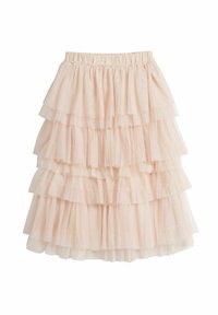 Lys pink, lagdelt nederdel med flere flæser, elastisk talje og tekstureret stof, der giver et blødt og svævende udseende.