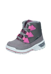 Grau-rosa Wanderschuhe mit einem Textilobermaterial, einer Gummisohle und drei pinkfarbenen Akzenten. Verfügt über einen gepolsterten Kragen und ein strukturiertes Muster.