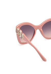 Roze plastic zonnebril met gradient lenzen, voorzien van drie ronde gouden accenten op het montuur, een gladde afwerking en een brede cat-eye vorm.