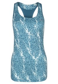 Blå atletisk linne med ett geometriskt mönster i olika nyanser av blått, racerback-design och ett jämnt, lätt material.