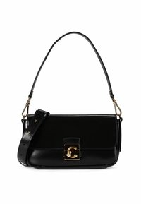 Zwarte leren schoudertas met een gestructureerde vorm en een gouden gesp. Voorzien van een afneembare riem en een gladde textuur.