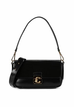 Zwarte leren schoudertas met een gestructureerde vorm en een gouden gesp. Voorzien van een afneembare riem en een gladde textuur.