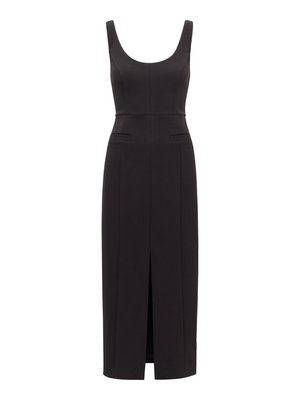 Μαύρο αμάνικο φόρεμα με στρογγυλή λαιμόκοψη, δομημένο κορσέ και δύο μπροστινές τσέπες· διαθέτει σκίσιμο μπροστά για ευκολία κινήσεων.