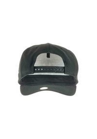 Schwarze Kappe mit verstellbarem Snapback-Verschluss. Besitzt eine solide Vorderseite und ein Netzrücken für Atmungsaktivität. Gebogener Schirm, minimales Branding.