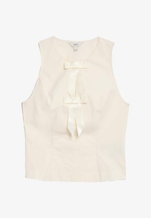 Mouwloos crèmekleurig top met een aansluitend ontwerp, met drie satijnen strikken aan de voorkant en een gladde textuur. Etiket zichtbaar bij de hals.