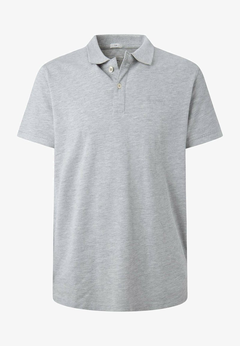 Polo-shirt à manches courtes gris en tissu de coton doux, doté d'un col, de deux boutons et d'une broderie de logo discrète sur la poitrine.