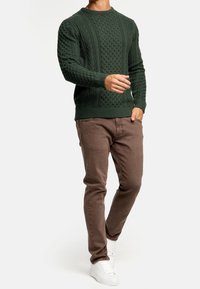 Donkergroene gebreide trui met een gestructureerd kabelontwerp, gecombineerd met een paarse broek en witte sneakers, wat een casual outfit laat zien.