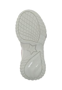 Bílá gumová podrážka s texturovaným povrchem, která obsahuje vzor hvězd, mnoha drážky a zakřivený okraj. Čistý, moderní design.