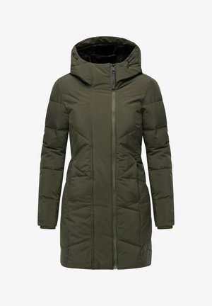 Olive green padded jacket with a zip front, high collar, and adjustable hood. Features quilted design and ribbed cuffs.