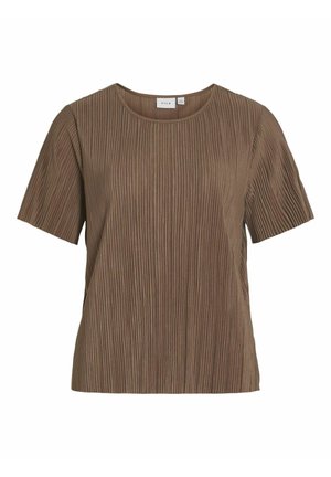 Brūns īsās piedurknes tops ar ribotu tekstūru, noapaļotu dekoltē un brīvu piegriezumu. Izgatavots no viegla auduma, nav redzamu aizdaru.