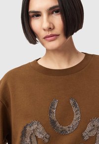 Καφετί φούτερ με λεπτομερή σχεδίαση από στρας δύο αλόγων και πέταλο αλόγου στο μπροστινό μέρος. Ομαλή υφή με στρογγυλή λαιμόκοψη.