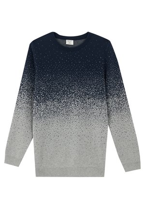 Suéter de punto azul marino y gris claro con patrón degradado moteado, cuello redondo y mangas largas.
