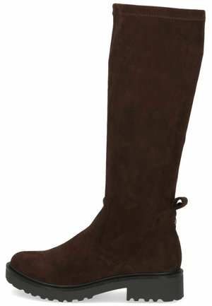 Brown suede knee-high boot with a flat black sole, elastic side panels, and a pull tab at the back for easy wear.