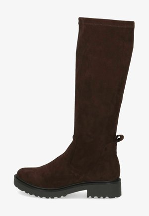 Brown suede knee-high boot with a flat black sole, elastic side panels, and a pull tab at the back for easy wear.